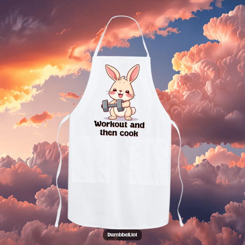 Funny apron with a determined bunny lifting a small dumbbell, ideal for kitchen use and fitness humor fans, a funny gift.