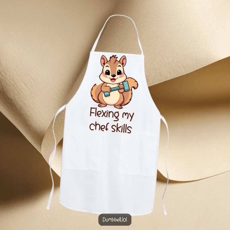 Funny squirrel proudly holding a mini dumbbell, ready to cook or lift in this humorous kitchen apron.
