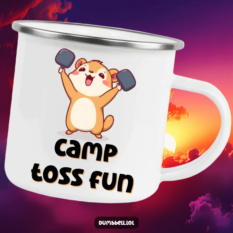 Funny Camping Mug: Small animal playfully tossing a dumbbell in the air, ideal for outdoor fun and beverages.