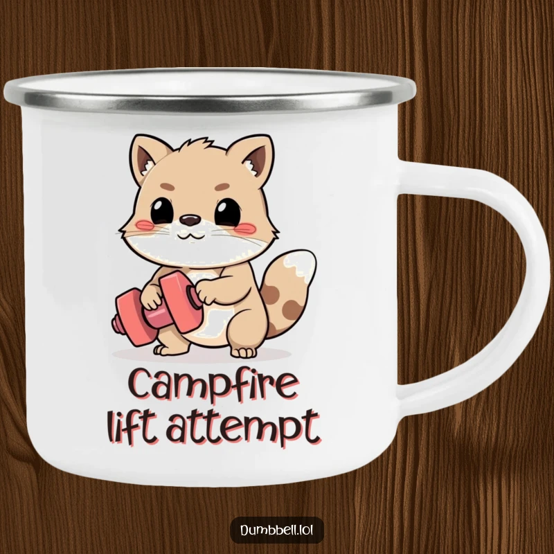 Funny Camping Mug: Determined animal struggling to lift a tiny dumbbell, embodying the spirit of outdoor effort.