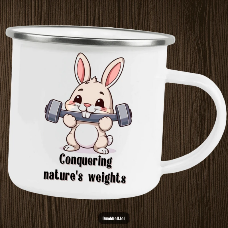 Funny camping mug with a pouncing rabbit holding a dumbbell, perfect for humorous outdoor workouts and trailside refreshments.
