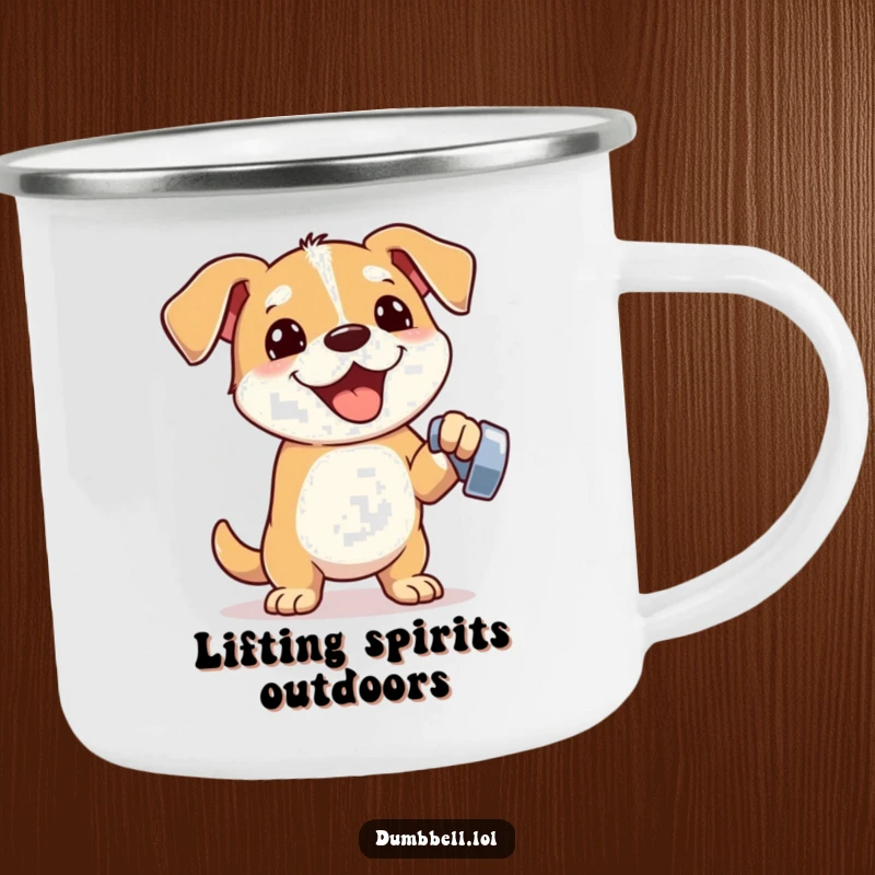 Funny camping mug with an energetic dog lifting a dumbbell, perfect for humorous outdoor workouts and trailside refreshments.