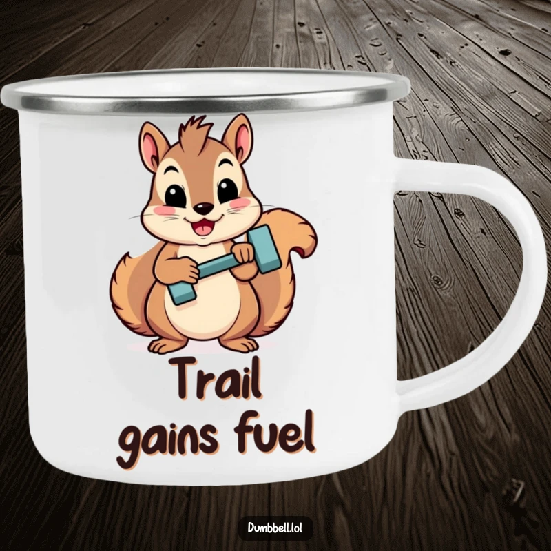 Funny squirrel proudly holding a mini dumbbell, perfect for outdoor adventures on this durable camping mug.