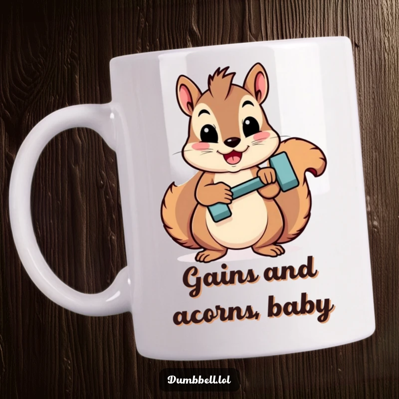 Funny squirrel lifting a tiny dumbbell with pride, showcasing its muscular dedication on this mug.