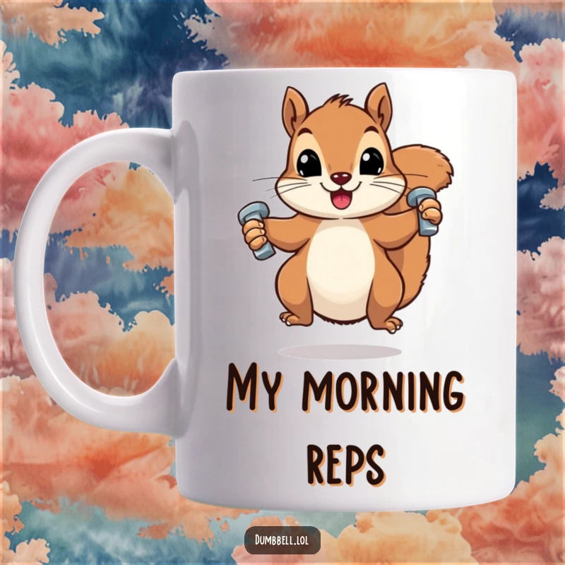 Funny mug with a jumping squirrel lifting two tiny dumbbells, showcasing an adorable and determined workout pose.