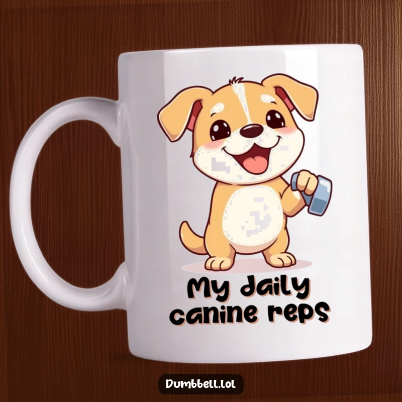 Funny mug showing an enthusiastic dog lifting a small dumbbell with one paw, radiating strength and humorous workout energy.