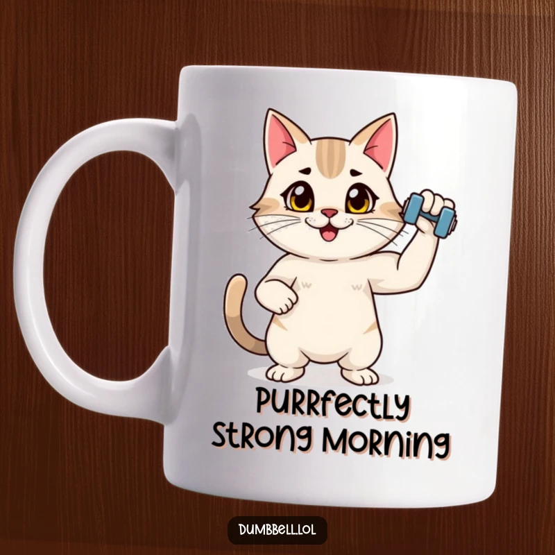 Funny mug showing an energetic cat flexing with a tiny dumbbell, radiating strength and humorous feline fitness power.