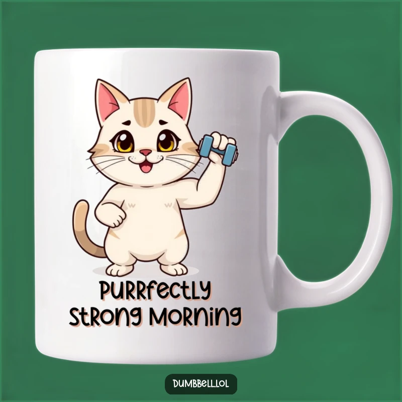 Funny Fitness Cat Mug: Strong Kitty Flexing Dumbbell for Workout Humor Gift