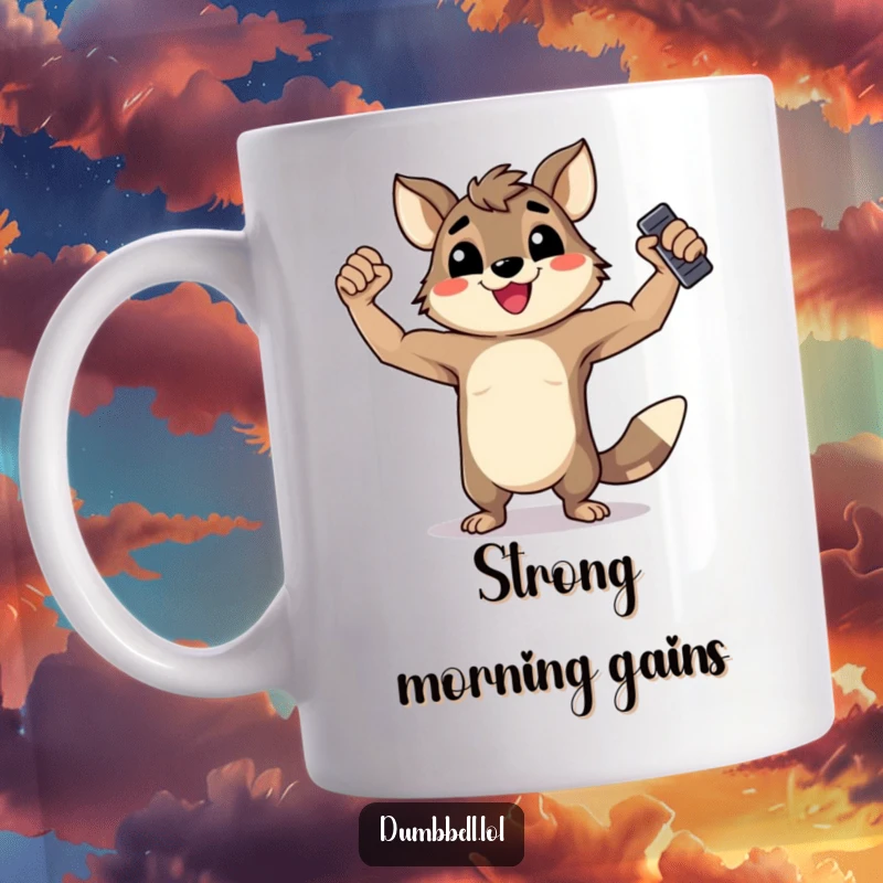 Funny Mug: A happy animal confidently flexing its muscles while holding a dumbbell, radiating strength and joy.