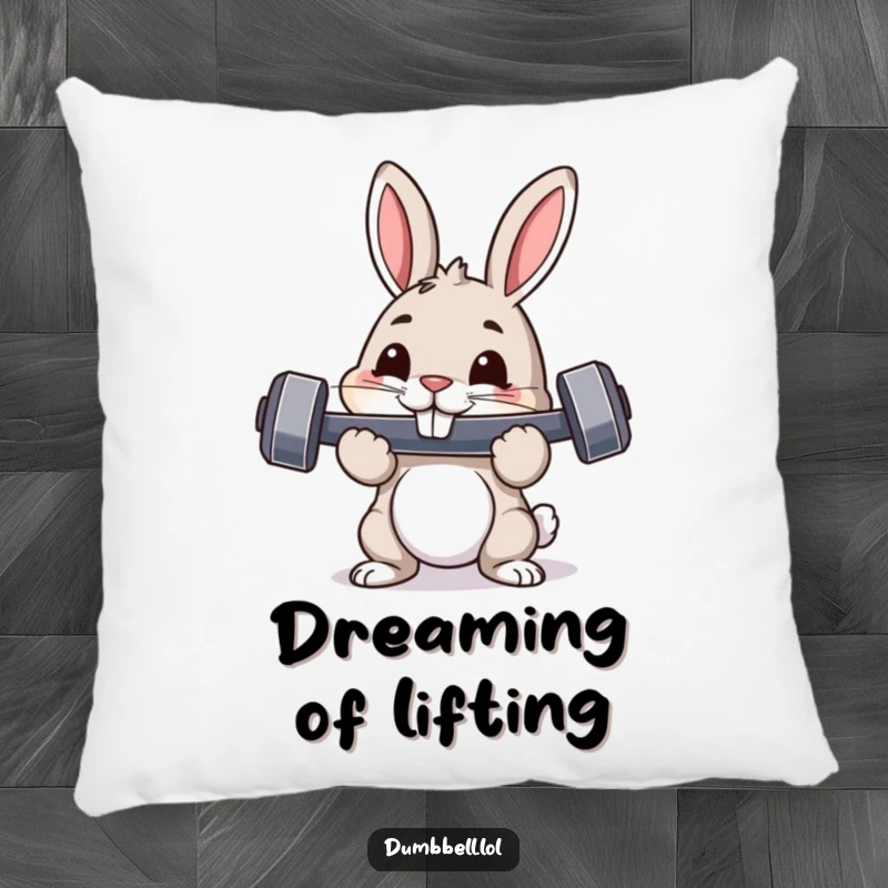 Funny pillow with a pouncing rabbit holding a dumbbell, bringing humorous fitness vibes and cozy comfort.