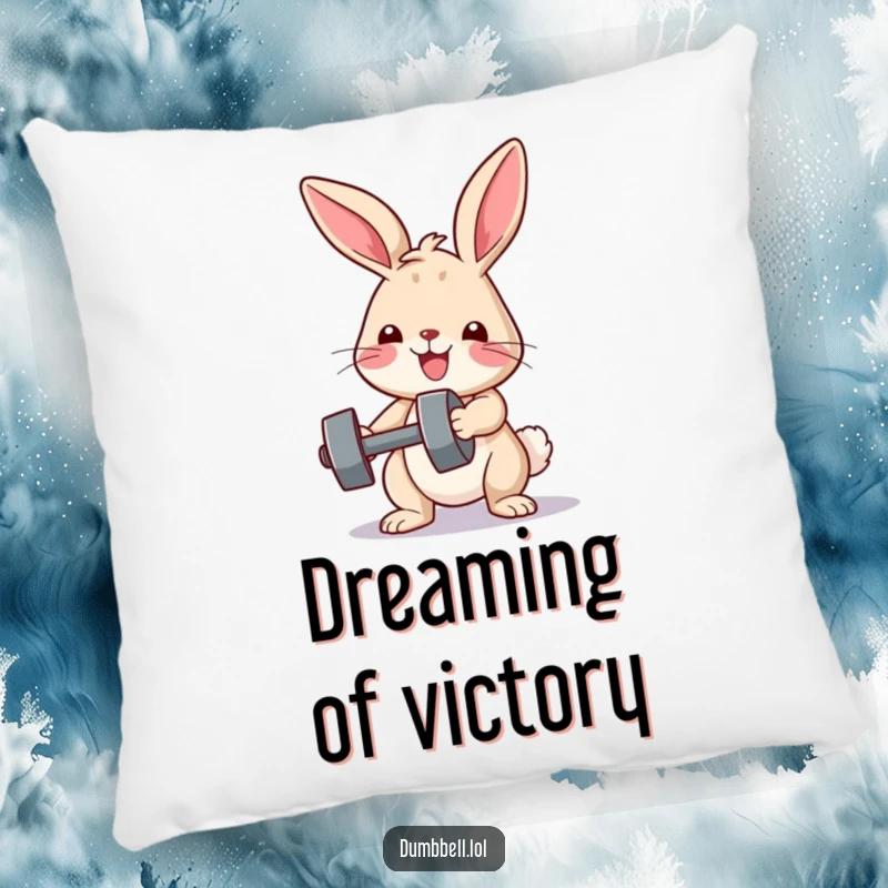 Funny pillow with a determined bunny resting after lifting a tiny dumbbell, offering comfort and workout-themed cheer, a great funny gift.