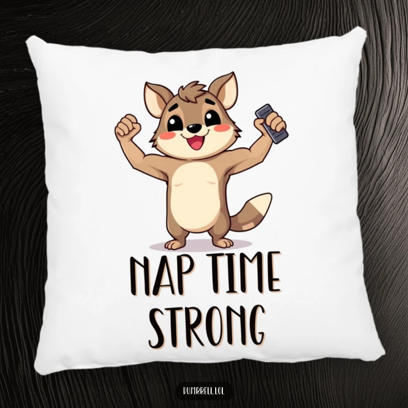 Funny Pillow: Happy animal flexing muscles while holding a dumbbell, providing comfort and strong vibes.