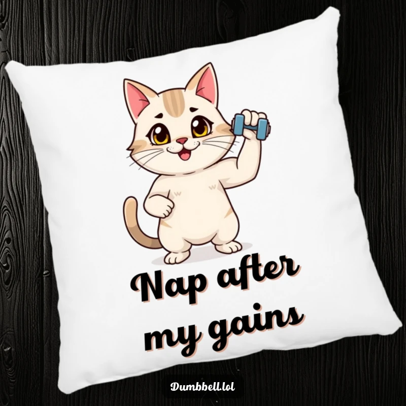 Funny pillow with an energetic cat flexing a dumbbell, bringing humorous feline fitness vibes and cozy comfort.