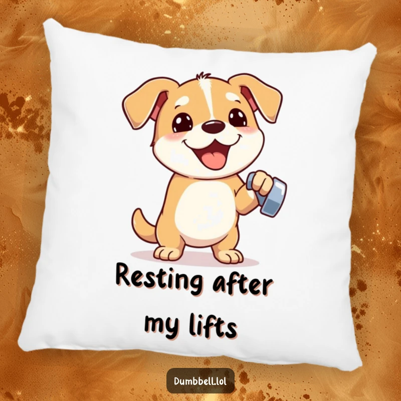 Funny pillow with an energetic dog lifting a dumbbell, bringing humorous workout vibes and cozy comfort to any room.
