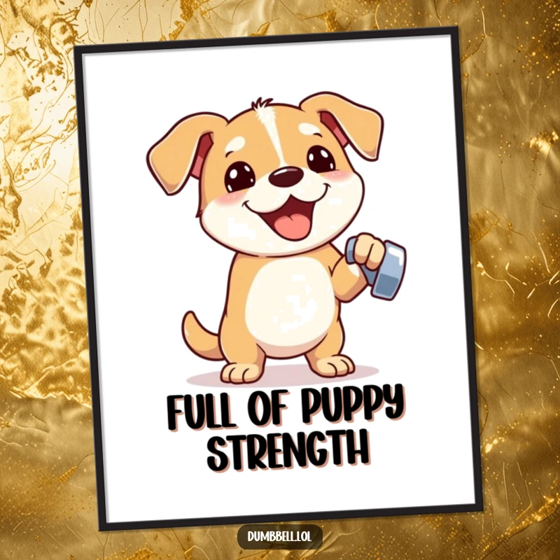 Funny digital art print of an energetic dog lifting a dumbbell, ideal for motivational wall decor with humorous fitness flair.