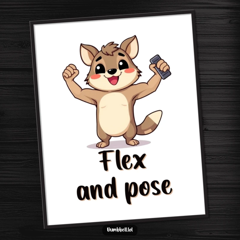 Funny Digital Art: Happy animal flexing muscles while holding a dumbbell, perfect for instant wall decor.