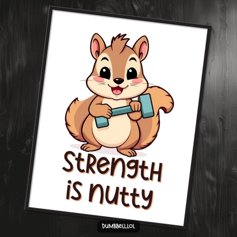 Funny squirrel proudly lifting a mini dumbbell, a humorous and motivational digital art print for your walls.