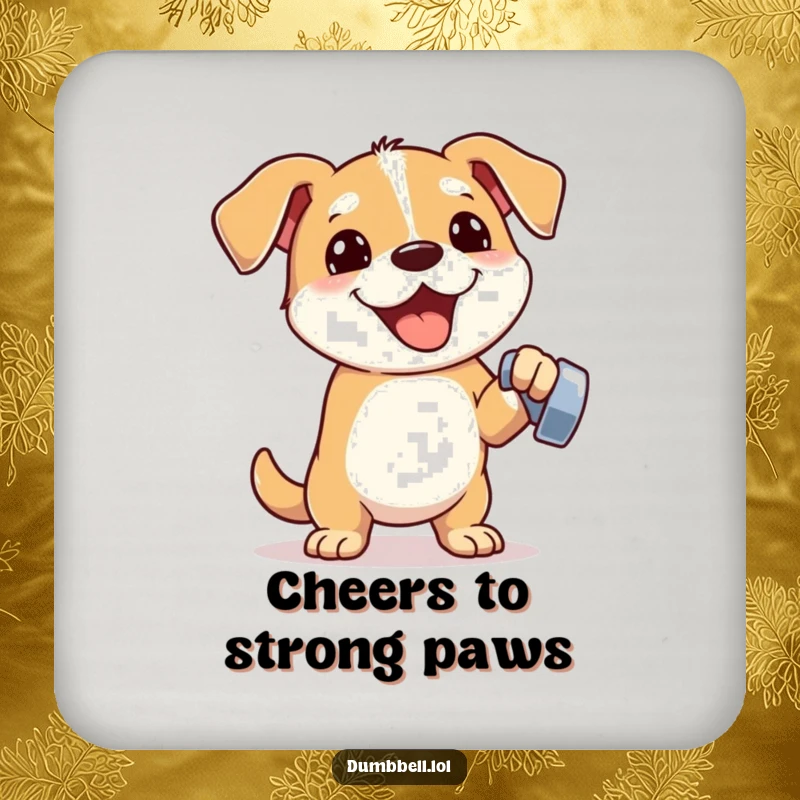 Funny drink coaster with an energetic dog lifting a dumbbell, providing surface protection with humorous canine strength.