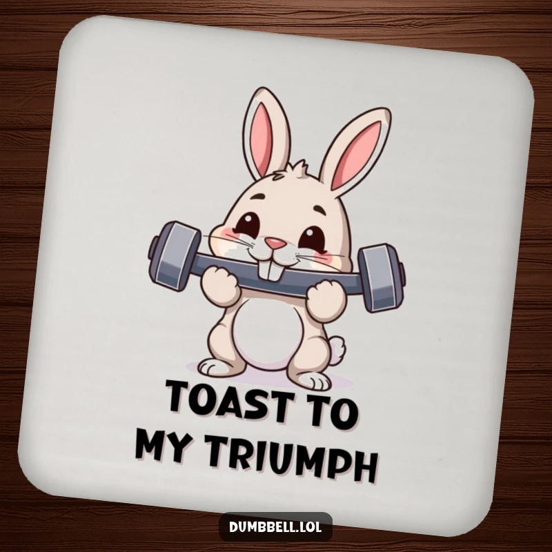 Funny drink coaster with a pouncing rabbit holding a dumbbell, providing surface protection with humorous bunny strength.
