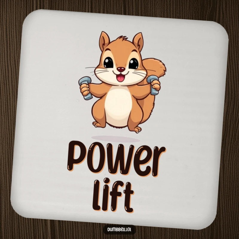 Funny drink coaster with a squirrel lifting small dumbbells, adding a humorous touch to beverage service.