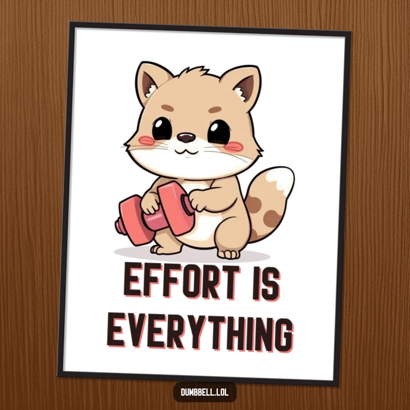 Funny Poster: Animal with a determined face, struggling to lift a tiny dumbbell, illustrating the comical workout effort.