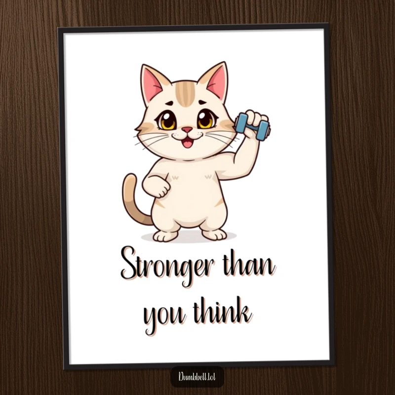 Funny poster of an energetic cat flexing with a tiny dumbbell, radiating feline strength and humorous workout motivation.