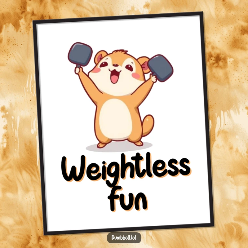 Funny Poster: Small animal playfully tossing a dumbbell in the air, creating a scene of joyful exercise.