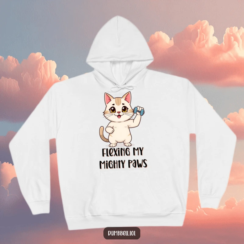 Funny hoodie featuring an energetic cat flexing with a tiny dumbbell, embodying feline strength and humorous workout dedication.