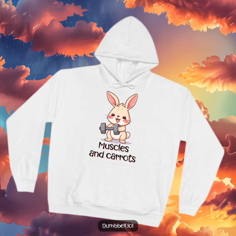 Funny hoodie with a determined bunny lifting a small dumbbell, ideal for staying warm and motivated with a touch of humor.