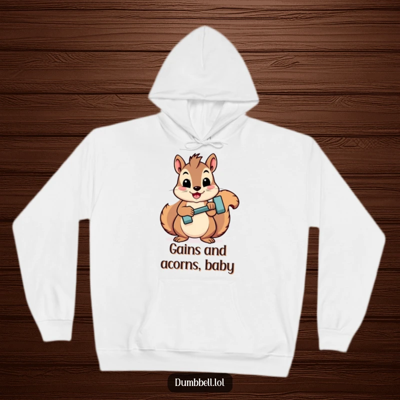 Funny squirrel proudly holding a small dumbbell, ready for reps on this warm and humorous hoodie.