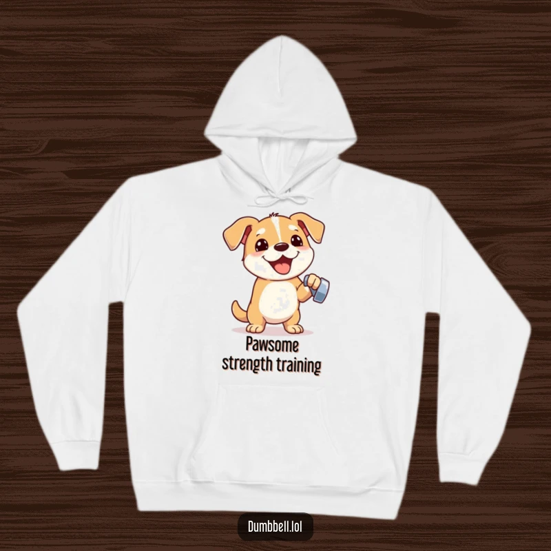 Funny hoodie showing an enthusiastic dog lifting a small dumbbell with one paw, embodying strength, motivation, and humorous workout vibes.