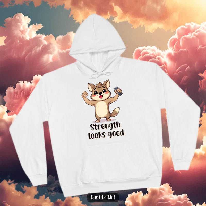 Funny Hoodie: Happy animal flexing its muscles powerfully while holding a dumbbell, symbolizing strength and happiness.