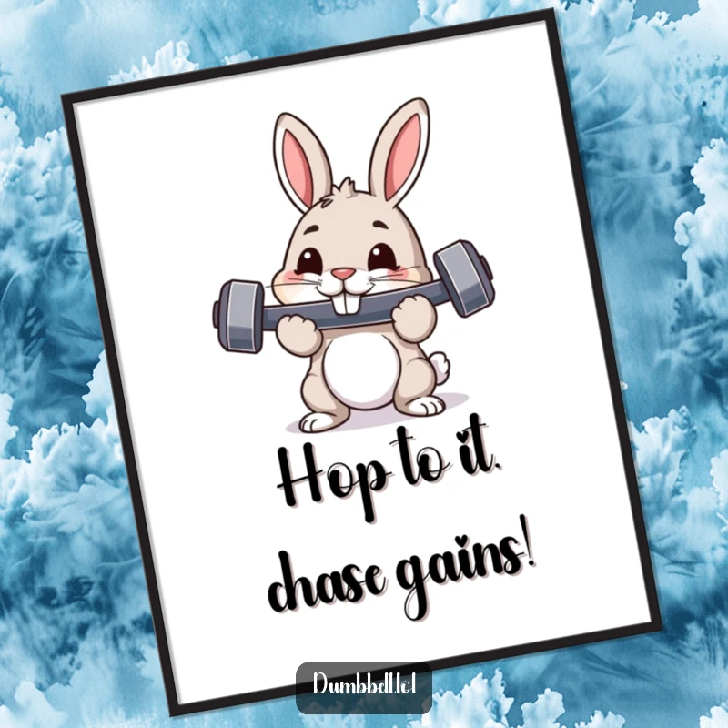 Funny Free Printable Wall Art: Pouncing rabbit with dumbbell in mouth, proud expression, embodying strength and determination.