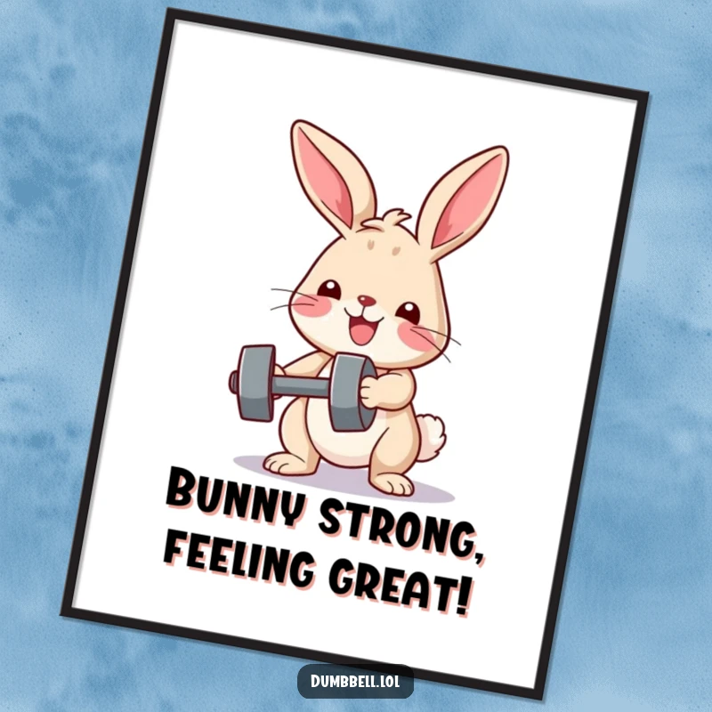 Funny Free Printable Wall Art: Happy bunny lifting a tiny dumbbell with a determined expression, downloadable art.
