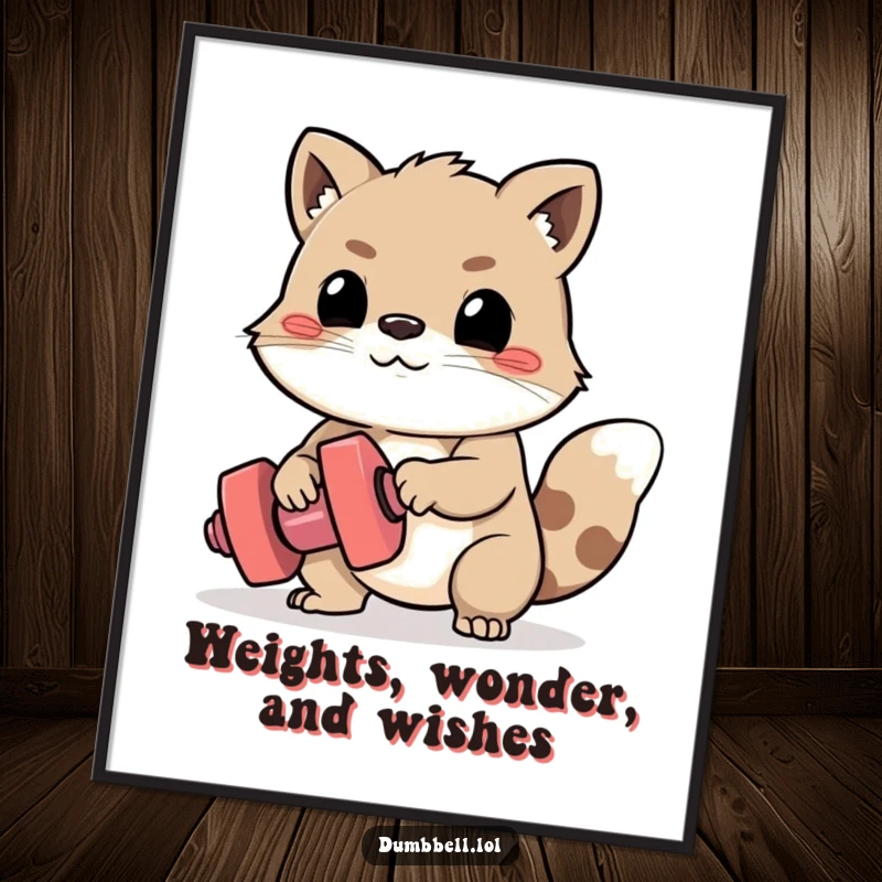 Funny Free Printable wall art of an animal showing fierce determination while struggling to lift a tiny dumbbell, inspiring perseverance.