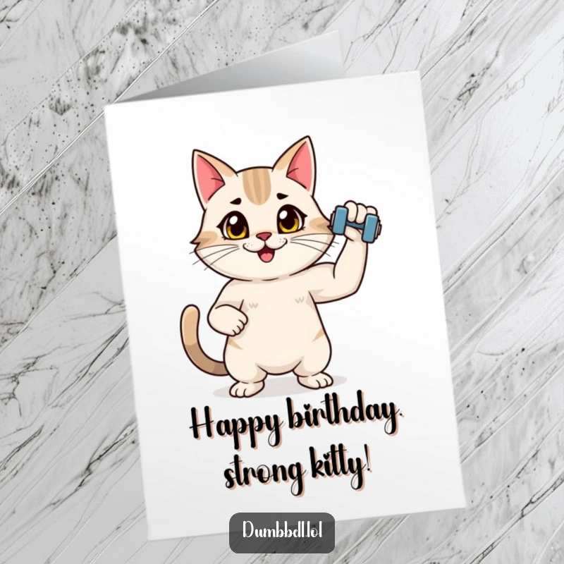 Funny Free Printable Birthday Card: Energetic cat flexing with a tiny bright dumbbell, showing off its impressive muscle gains.