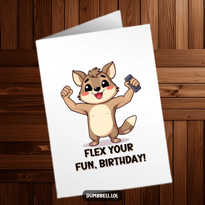 Funny Free Printable birthday card of a happy animal flexing muscles while proudly holding a dumbbell, celebrating strength and joy.