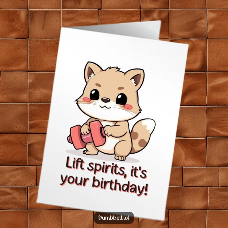 Funny Free Printable birthday card of a determined animal struggling to lift a tiny dumbbell, celebrating perseverance with humor.
