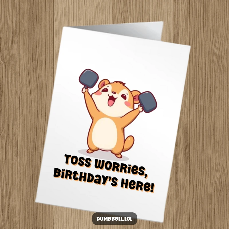 Funny Free Printable birthday card of a small animal playfully tossing a dumbbell in the air, celebrating with energetic fun.