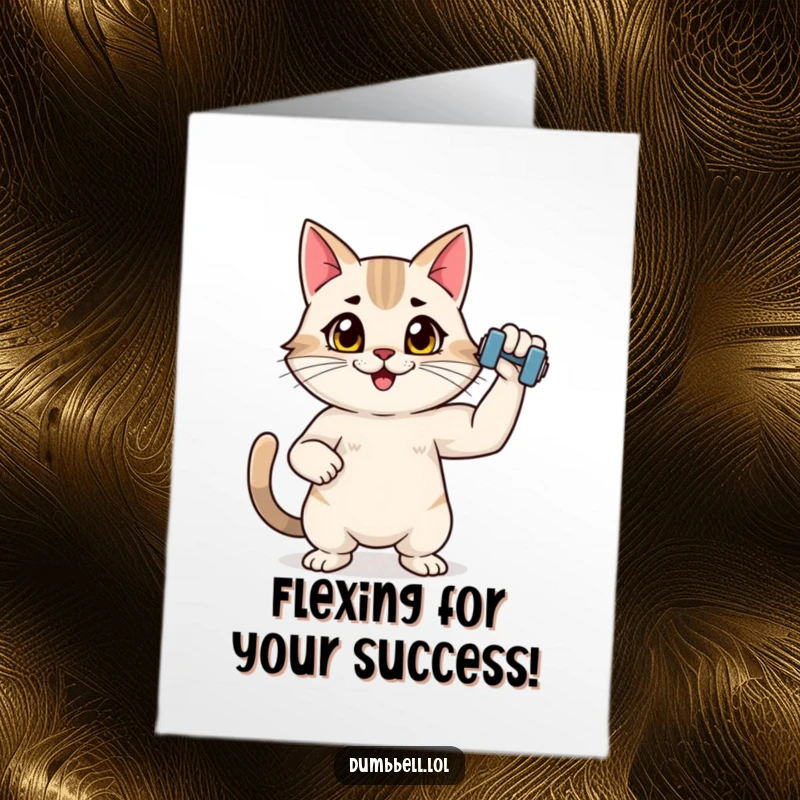 Funny Free Printable Congratulations Card: Energetic cat flexing with a tiny bright dumbbell, celebrating a powerful achievement.
