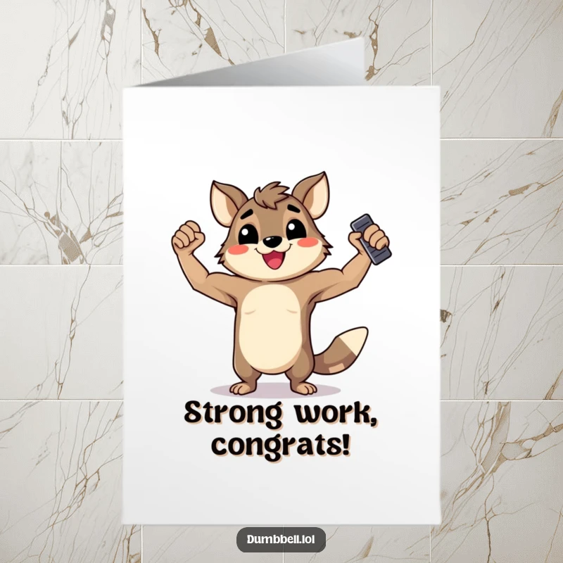 Funny Free Printable congratulations card featuring a happy animal flexing its muscles while holding a dumbbell, celebrating victory and power.