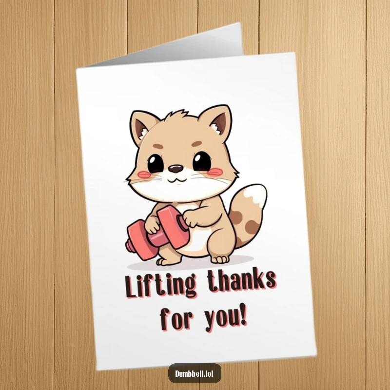 Funny Free Printable thank you card of an animal with intense determination, struggling with a tiny dumbbell, expressing thanks through effort.
