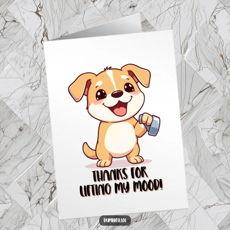 Funny Free Printable Thank You Card: Enthusiastic dog lifting a small gleaming dumbbell with one paw, showing strength and gratitude.