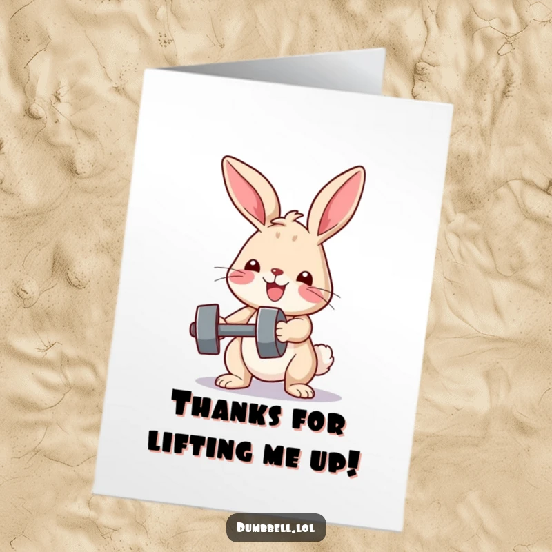 Funny Free Printable Thank You Card: Happy bunny lifting tiny dumbbell with determination, a DIY gift.