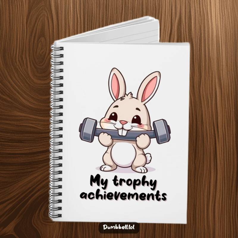 Funny notebook with a pouncing rabbit holding a dumbbell, perfect for logging gym sessions and inspired, humorous thoughts.