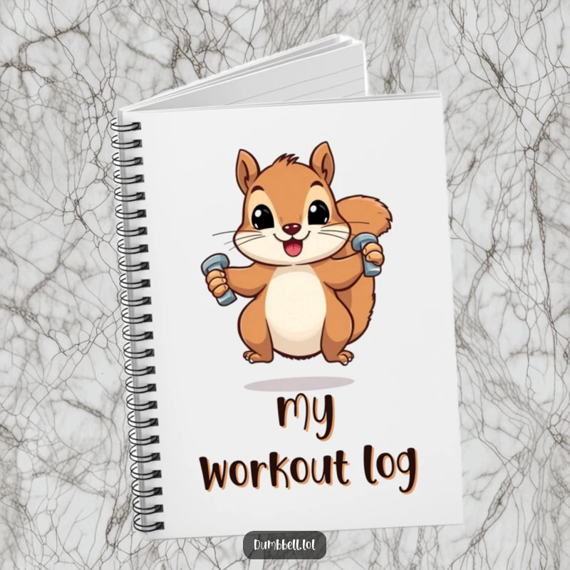 Funny notebook cover showing a squirrel lifting two tiny dumbbells, designed for jotting notes with a humorous fitness theme.
