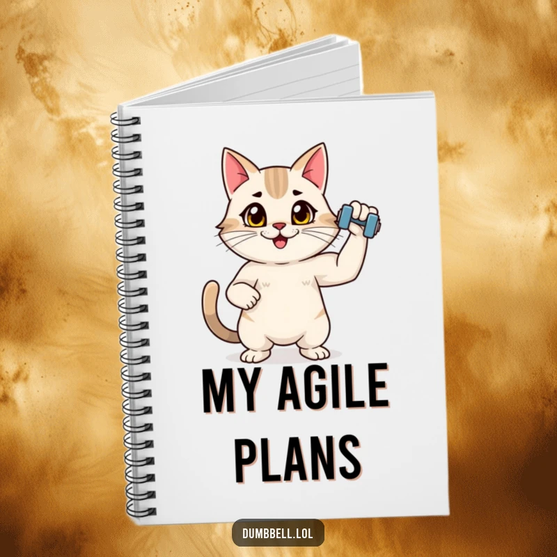 Funny notebook with an energetic cat flexing a dumbbell, perfect for logging gym sessions and inspired, humorous thoughts.