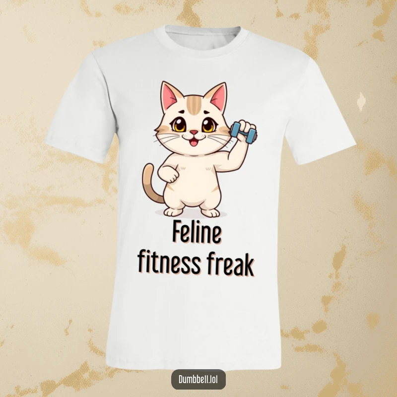 Funny t-shirt with an energetic cat flexing with a tiny dumbbell, showcasing surprising strength and humorous feline fitness.