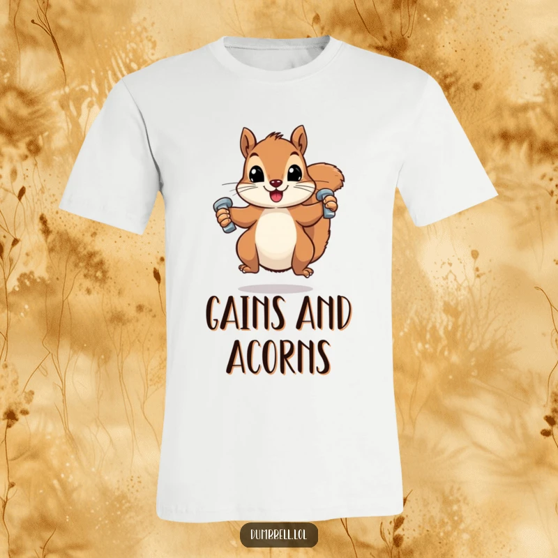 Funny t-shirt featuring a squirrel jumping with two miniature dumbbells, embodying a humorous fitness motivation.