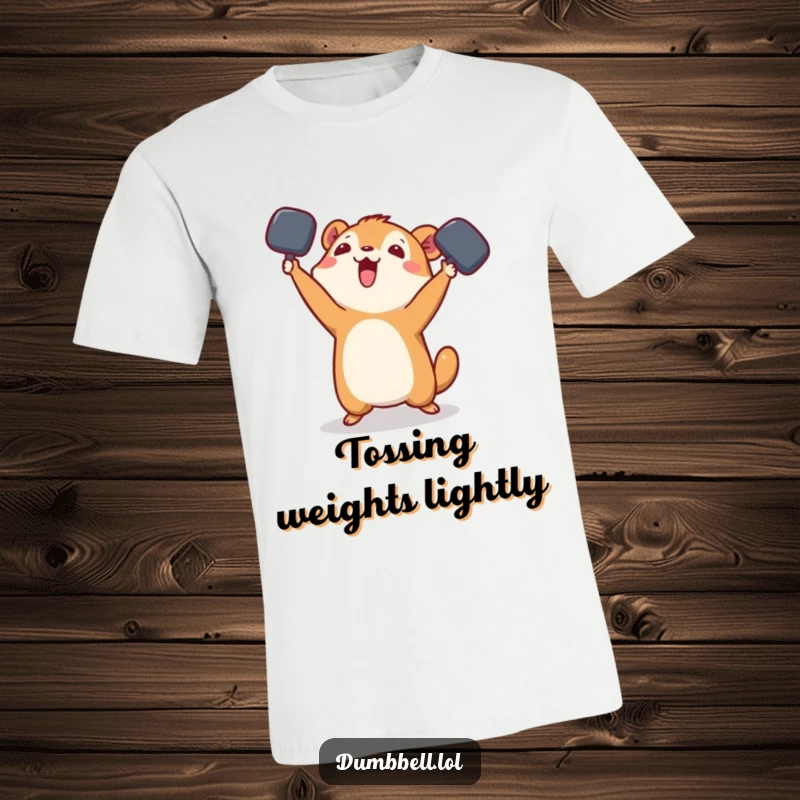 Funny T-Shirt: Small animal playfully tossing a dumbbell in the air, demonstrating carefree exercise and good cheer.